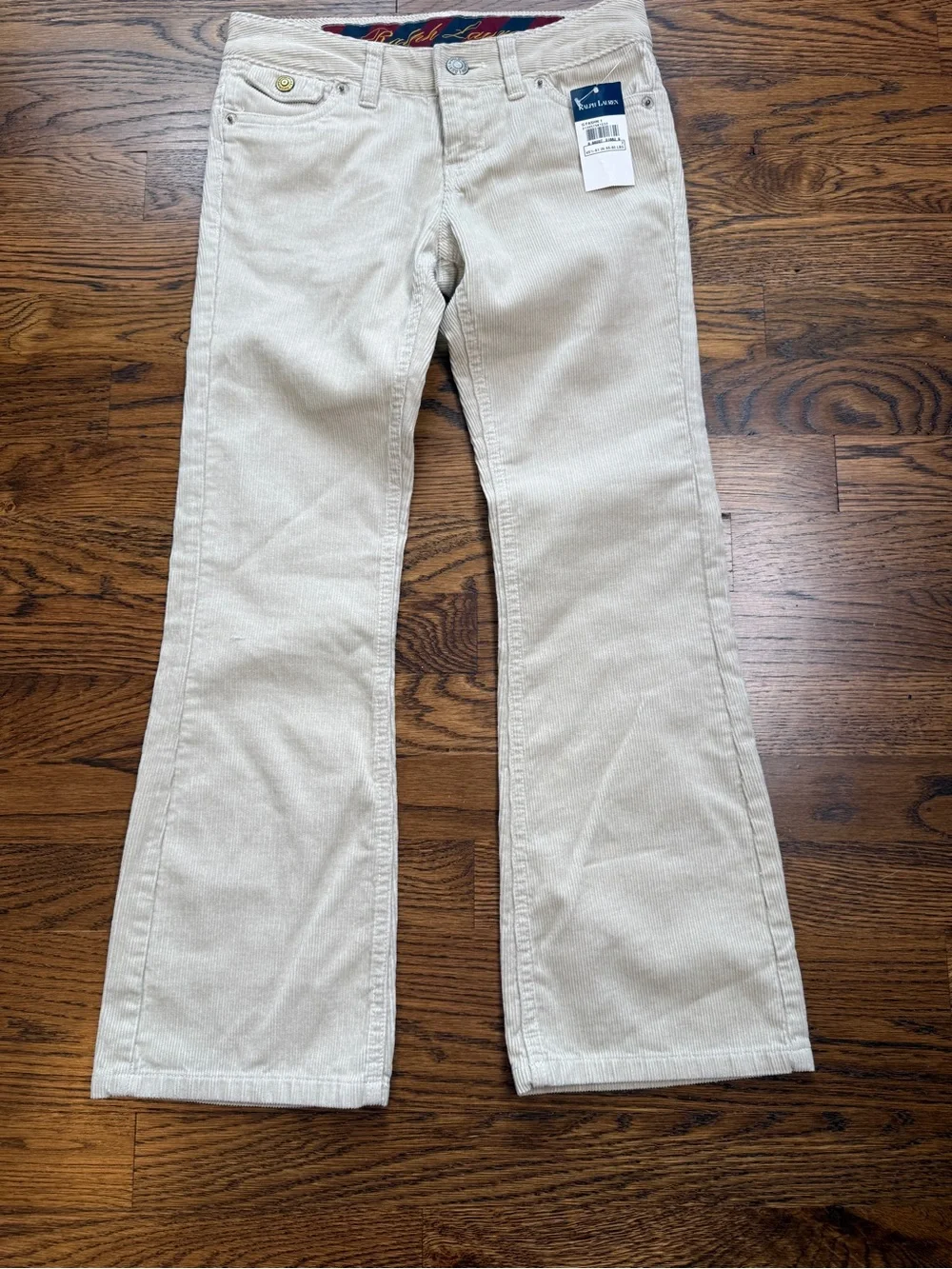 NWT Vintage Y2K Ralph Lauren Girls Low Rise Flare Cream Corduroy Trousers Sz 7